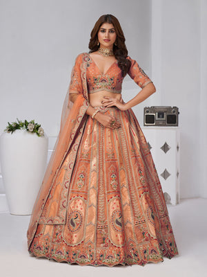 Rajwada Rust Silk Blend Embroidered Semi-Stitched Lehenga For Women