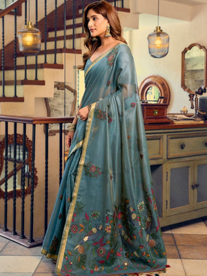 Rajwada Teal Blue Cotton Blend Solid Saree For Women
