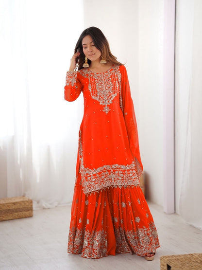 Rajwada Orange Georgette Embroidered Stitched Kurta Set For Women