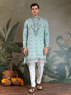 Rajwada Sky Blue Viscose Silk Embroidered Stitched Kurta For Men
