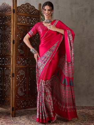 Rajwada Pink Silk Blend Printed Elegant Saree For Women