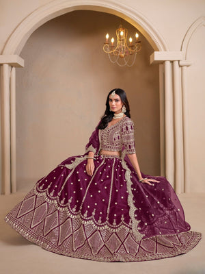 Rajwada Wine Art Silk Embroidered Semi-Stitched lehenga For Women