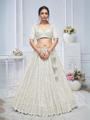 Rajwada White Soft Net Embellished Semi-Stitched Lehenga With Unstitched Blouse For Women