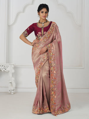 Rajwada Peach Viscose Silk Embroidered Saree For Women
