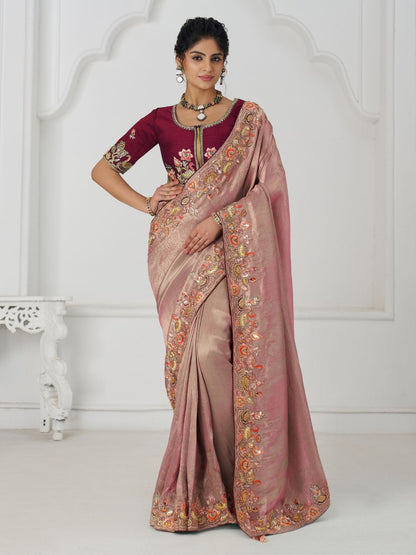 Rajwada Peach Viscose Silk Embroidered Saree For Women
