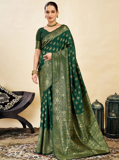 Rajwada Dark Green Silk Blend Zari Work Saree For Women