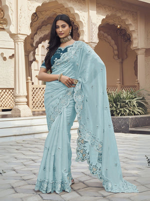Rajwada Sea Green Silk Blend Embellished Elegant Saree For Women