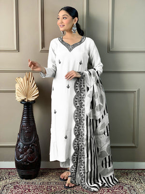 Rajwada White Viscose chanderi Embroidered Stitched Kurta Set For Women