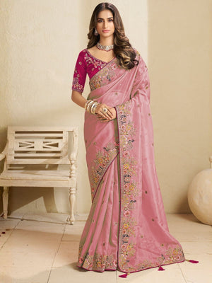 Rajwada Pink Satin Embroidered Saree For Women