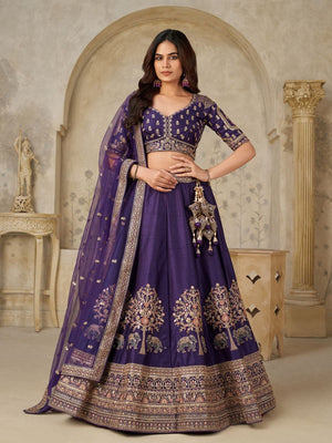 Rajwada Purple Silk Blend Embroidered Semi-Stitched Lehenga For Women