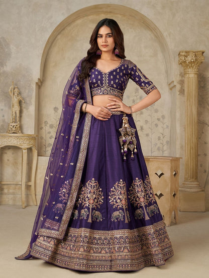 Rajwada Purple Silk Blend Embroidered Semi-Stitched Lehenga For Women