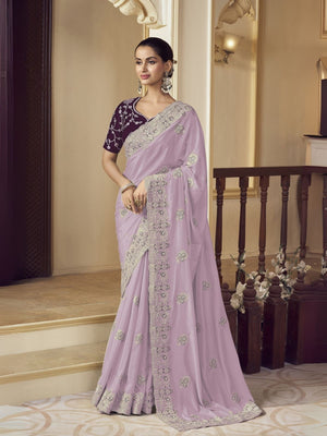 Rajwada Lavender Georgette Embroidered Elegant Saree For Women