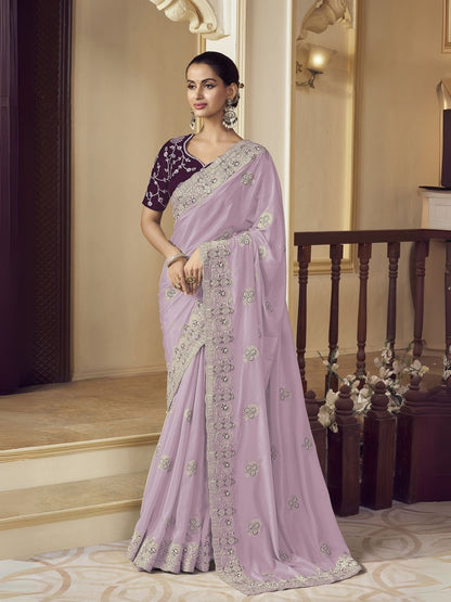Rajwada Lavender Georgette Embroidered Elegant Saree For Women