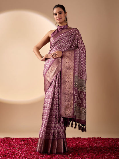 Rajwada Light Purple Silk Blend Printed Saree For Women