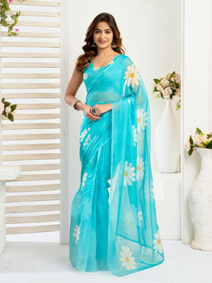 Rajwada Sky Blue Cotton Linen Zari Work Saree For Women
