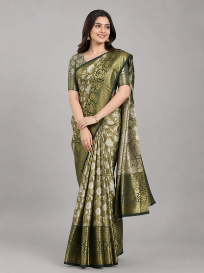 Dark Green Silk Blend Solid Saree