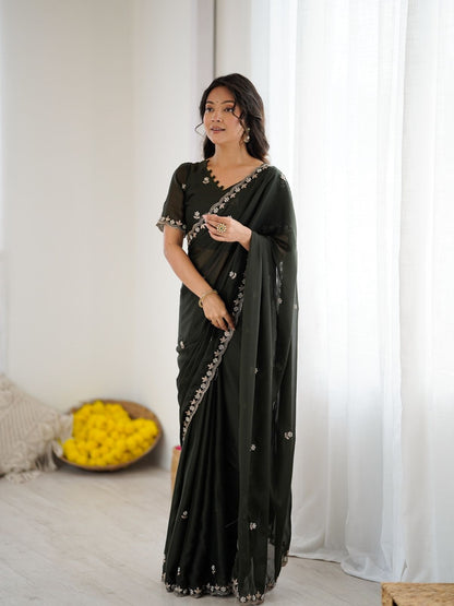 Rajwada Olive Green Georgette Embroidered Saree For Women