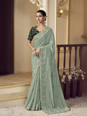 Rajwada Dusty Green Georgette Embroidered Elegant Saree For Women