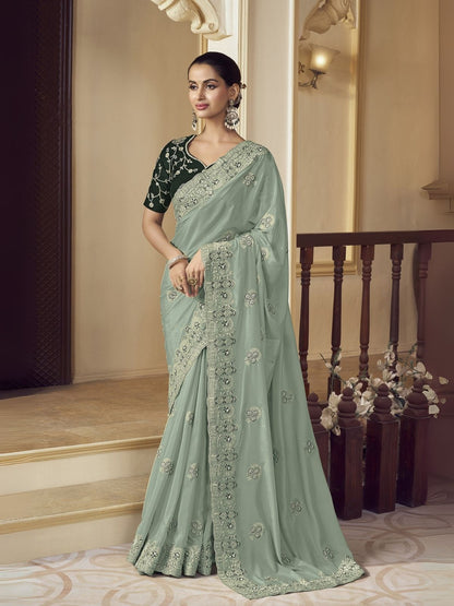 Rajwada Dusty Green Georgette Embroidered Elegant Saree For Women