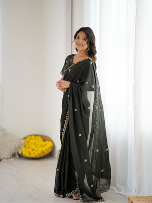 Rajwada Olive Green Georgette Embroidered Saree For Women