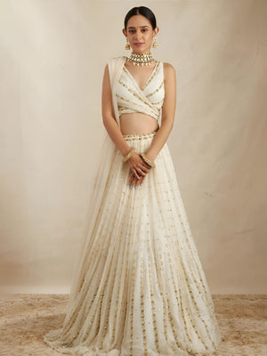 Rajwada Off White Georgette Embellished Semi-Stitched lehenga For Women