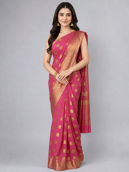 Pink Silk Blend Solid Saree