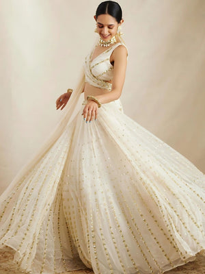 Rajwada Off White Georgette Embellished Semi-Stitched lehenga For Women