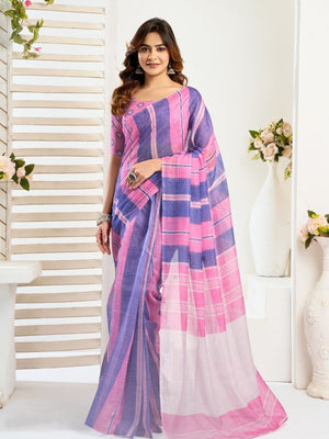 Rajwada Blue And Pink Cotton Linen Zari Work Saree For Women