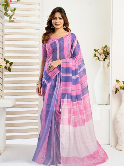 Rajwada Blue And Pink Cotton Linen Zari Work Saree For Women