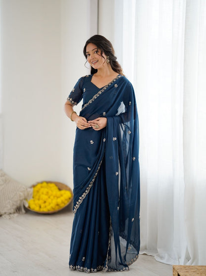 Rajwada Teal Blue Georgette Embroidered Saree For Women