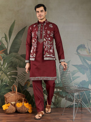 Rajwada Maroon Viscose Silk Embroidered Stitched Kurta Set For Men