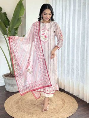 Rajwada Off White And Red Viscose Embroidered And Printed Stitched Kurta Set For Women