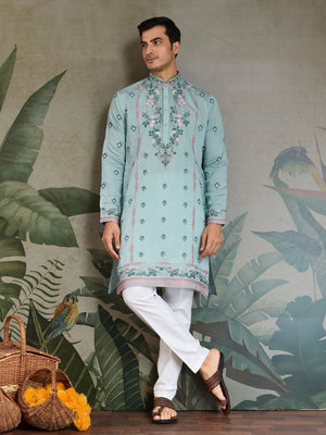Rajwada Sky Blue Viscose Silk Embroidered Stitched Kurta For Men