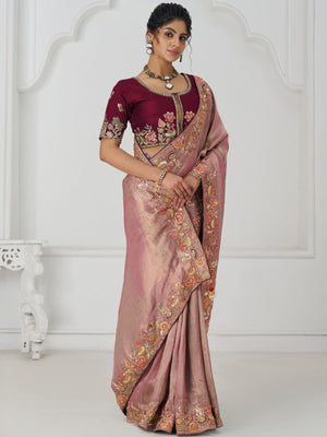 Rajwada Peach Viscose Silk Embroidered Saree For Women