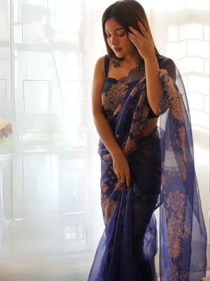 Rajwada Royal Blue Organza Printed Saree With Unstitched Blouse For Women