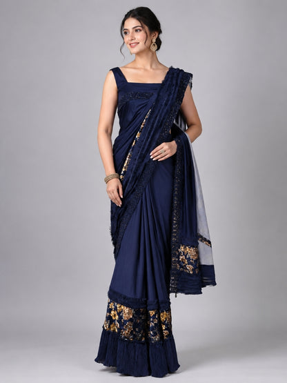 Navy Blue Velvet Printed Saree