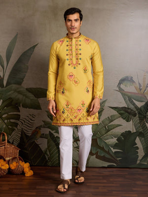 Rajwada Yellow Silk Blend Embroidered Stitched Kurta For Men