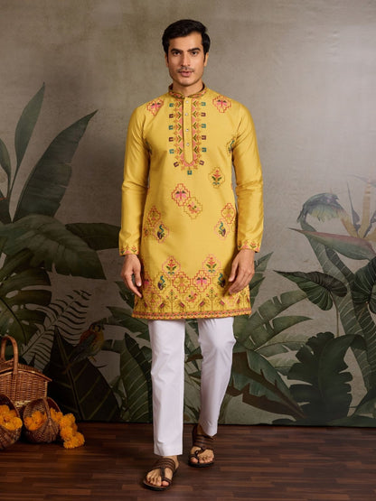 Rajwada Yellow Silk Blend Embroidered Stitched Kurta For Men