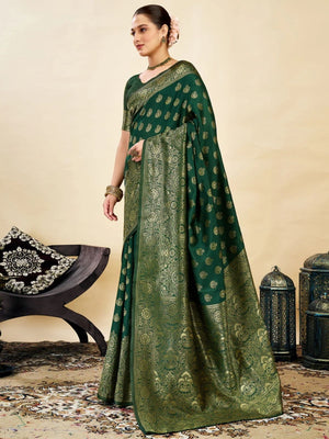 Rajwada Dark Green Silk Blend Zari Work Saree For Women