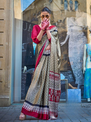 Rajwada Olive Satin Printed Saree With Unstitched Blouse For Women