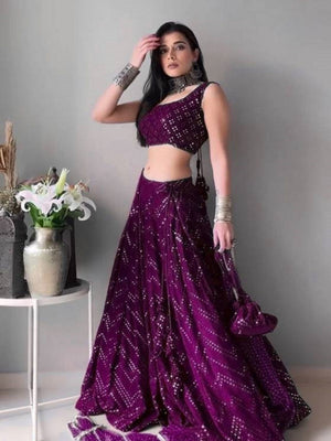 Rajwada Wine Georgette Embellished Semi-Stitched Lehenga For Women
