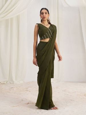Rajwada Olive Organza Solid Ready To Wear Saree With Stitched Blouse For Women
