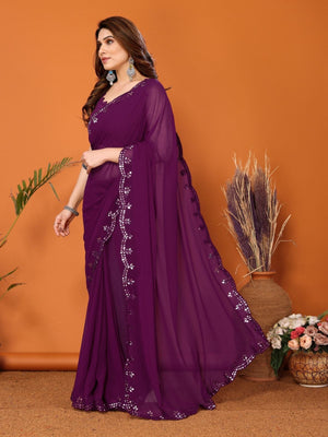 Rajwada Purple Georgette Embroidered  Saree For Women