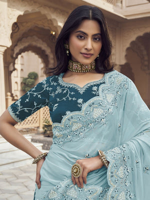 Rajwada Sea Green Silk Blend Embellished Elegant Saree For Women