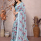 Rajwada Light Blue Satin Printed Saree With Unstitched Blouse For Women