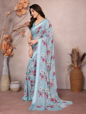 Rajwada Light Blue Satin Printed Saree With Unstitched Blouse For Women