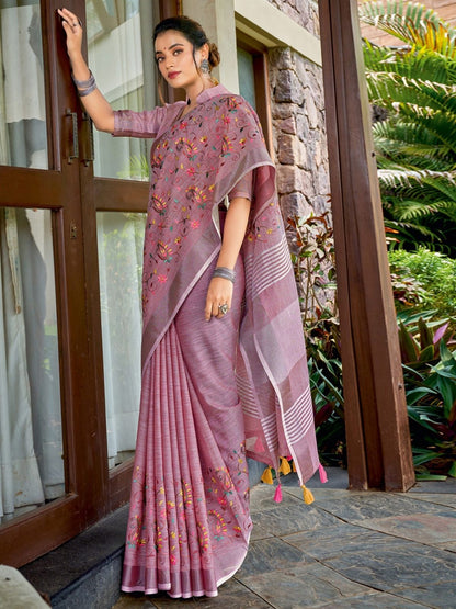 Rajwada Mauve Pink Cotton Linen Striped Saree For Women