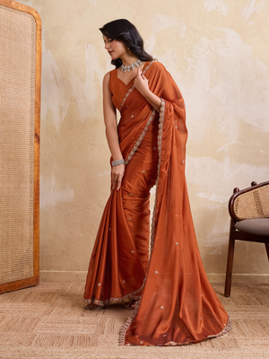 Rajwada Rust Silk Blend Embroidered Saree For Women