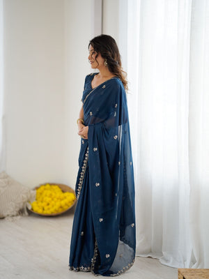 Rajwada Teal Blue Georgette Embroidered Saree For Women