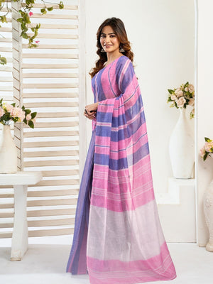 Rajwada Blue And Pink Cotton Linen Zari Work Saree For Women